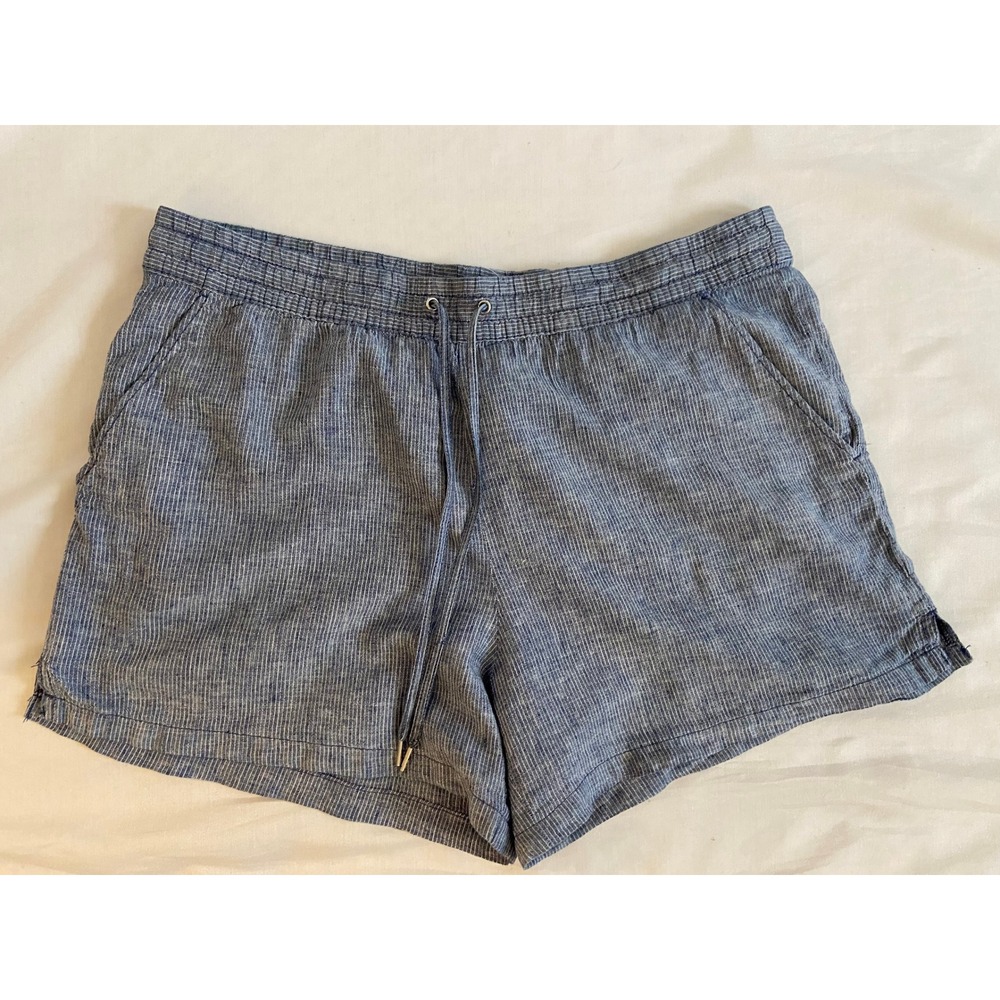 H&M Shorts Womens 12 Blue L.O.G.G. Pinstripe Linen Blend Drawstring Casual